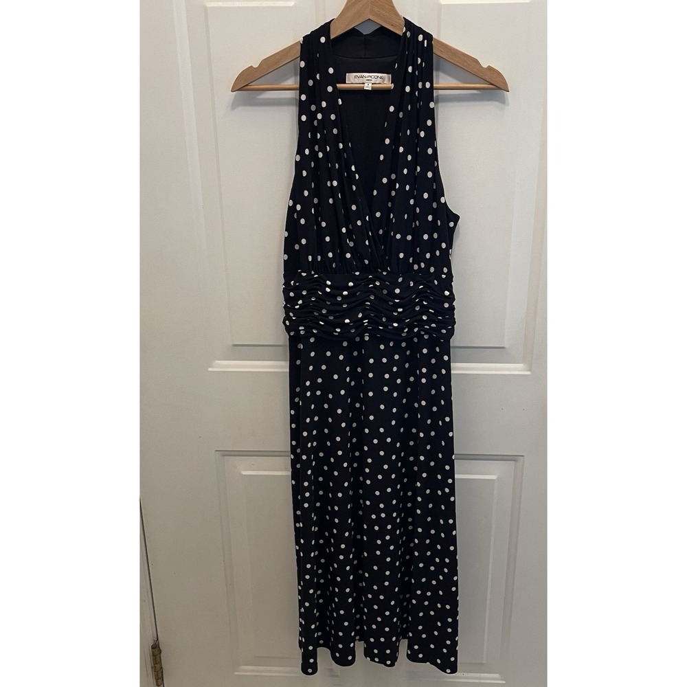 Evan Picone Black White Polka Dot V-neck Midi Dress‎ Womens 8